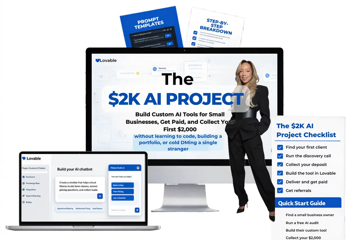 The $2K AI Project product mockup showing the course dashboard, prompt templates, step-by-step breakdown, and quick start checklist